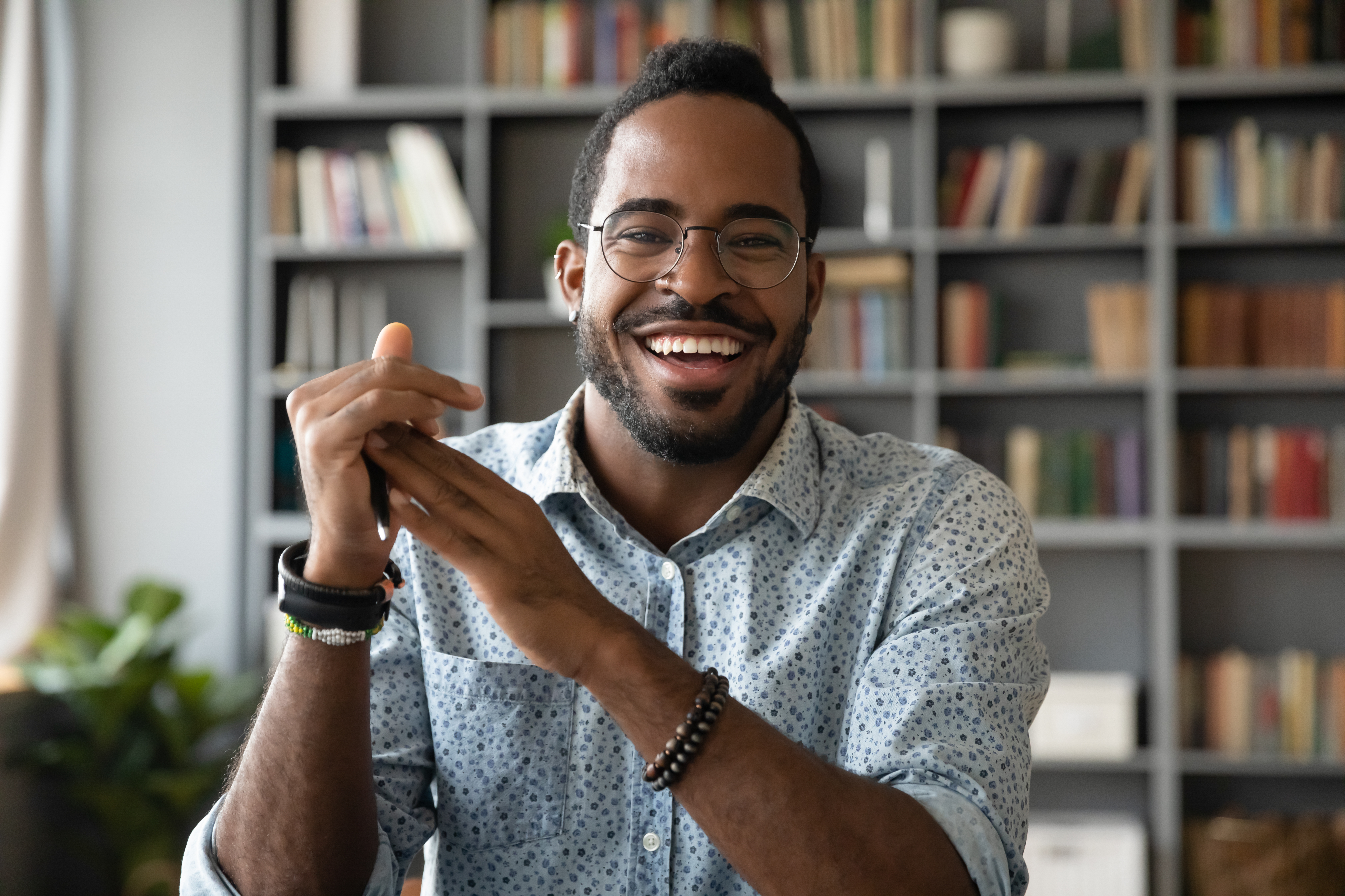Head,Shot,Portrait,Smiling,African,American,Man,Wearing,Glasses,Making